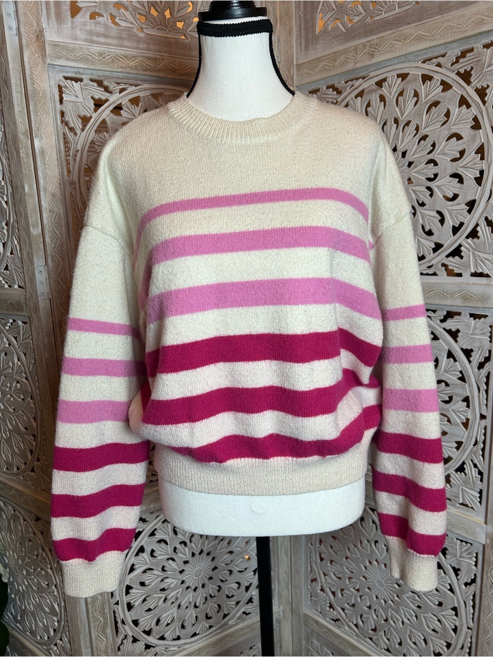 Cozy Striped Cowlneck Sweater in Cream and Pink